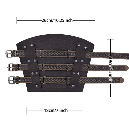 Medieval style black faux leather arm bracer with three adjustable buckles and braided straps, measurements labeled