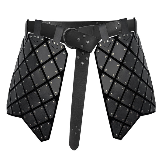 Black medieval leather belt skirt with riveted armor panels for cosplay or costume