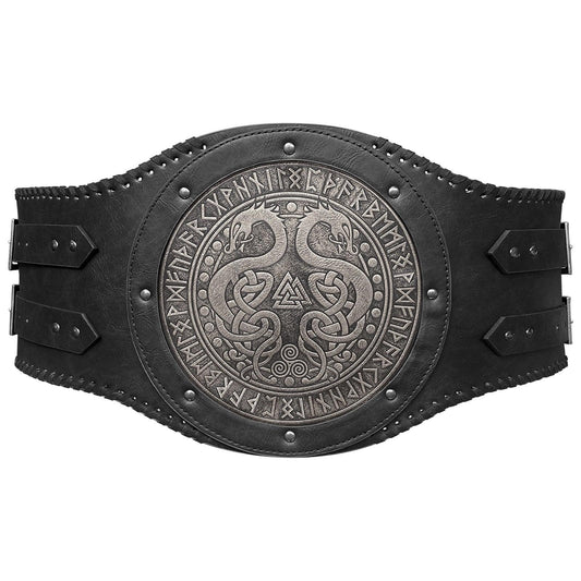 Viking style leather belt with Norse runes and dragon embossed metal plate, medieval cosplay accessory