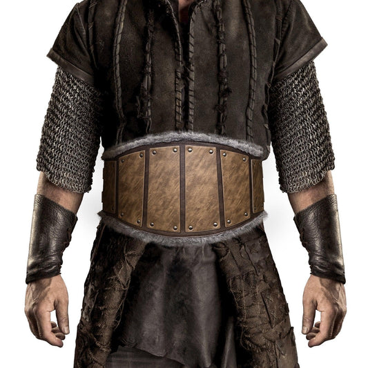 Medieval cosplay costume with leather armor belt, chainmail sleeves, and dark tunic