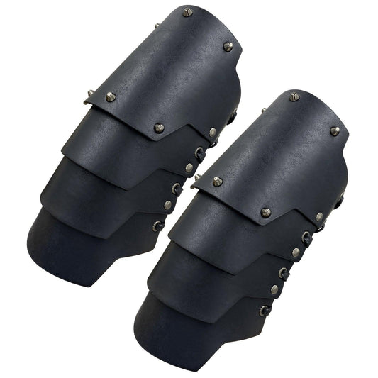 Medieval black bracer armor set with layered metal plates and rivet details, cosplay accessory