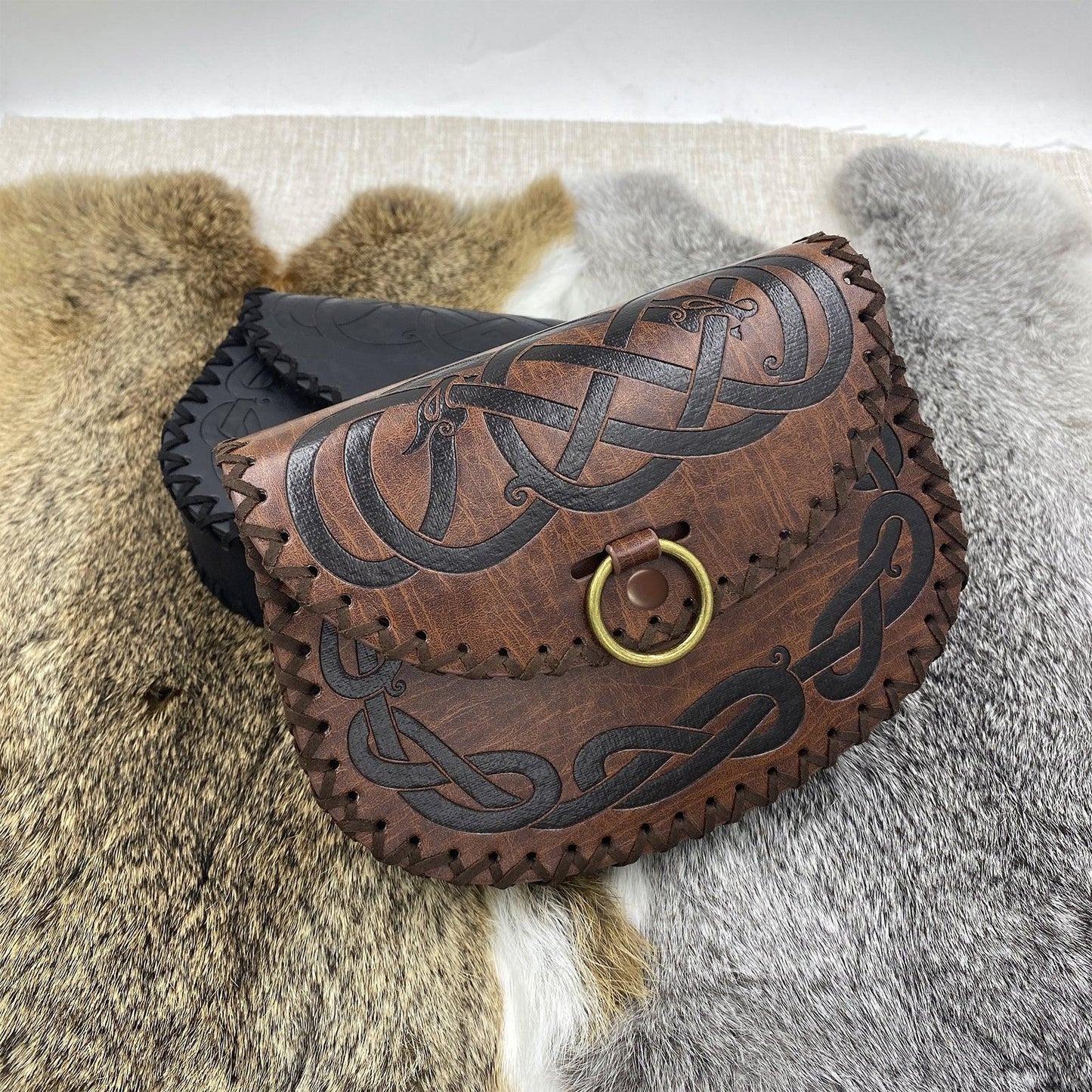 HiiFeuer Viking Embossed Belt Bag, Vintage Medieval Faux Leather Side Pack, Middle Ages Portable Belt Pouch For LARP Ren Faire