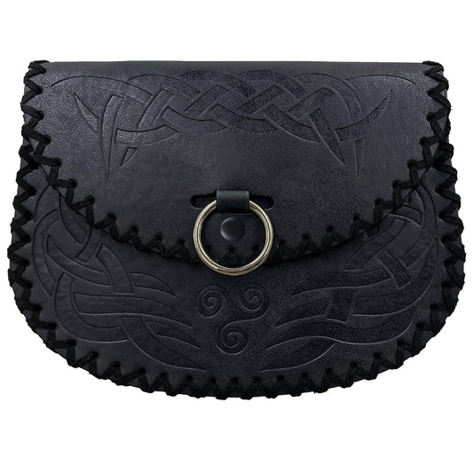Black medieval-style leather pouch with Celtic knot embossing and metal ring clasp
