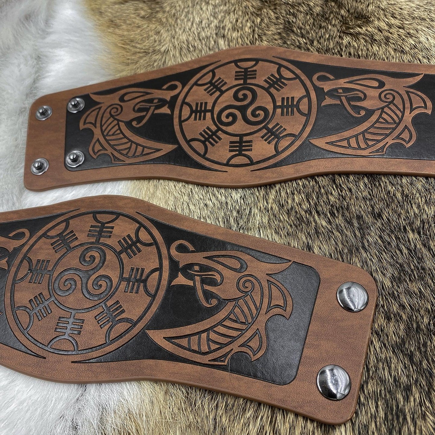HiiFeuer 2 PCS Viking Embossed Faux Leather Cuff Bracelet, Norse Retro Wristband, Nordic Mjolnir Vegvisir Pattern Cuff Bangle Bracelet