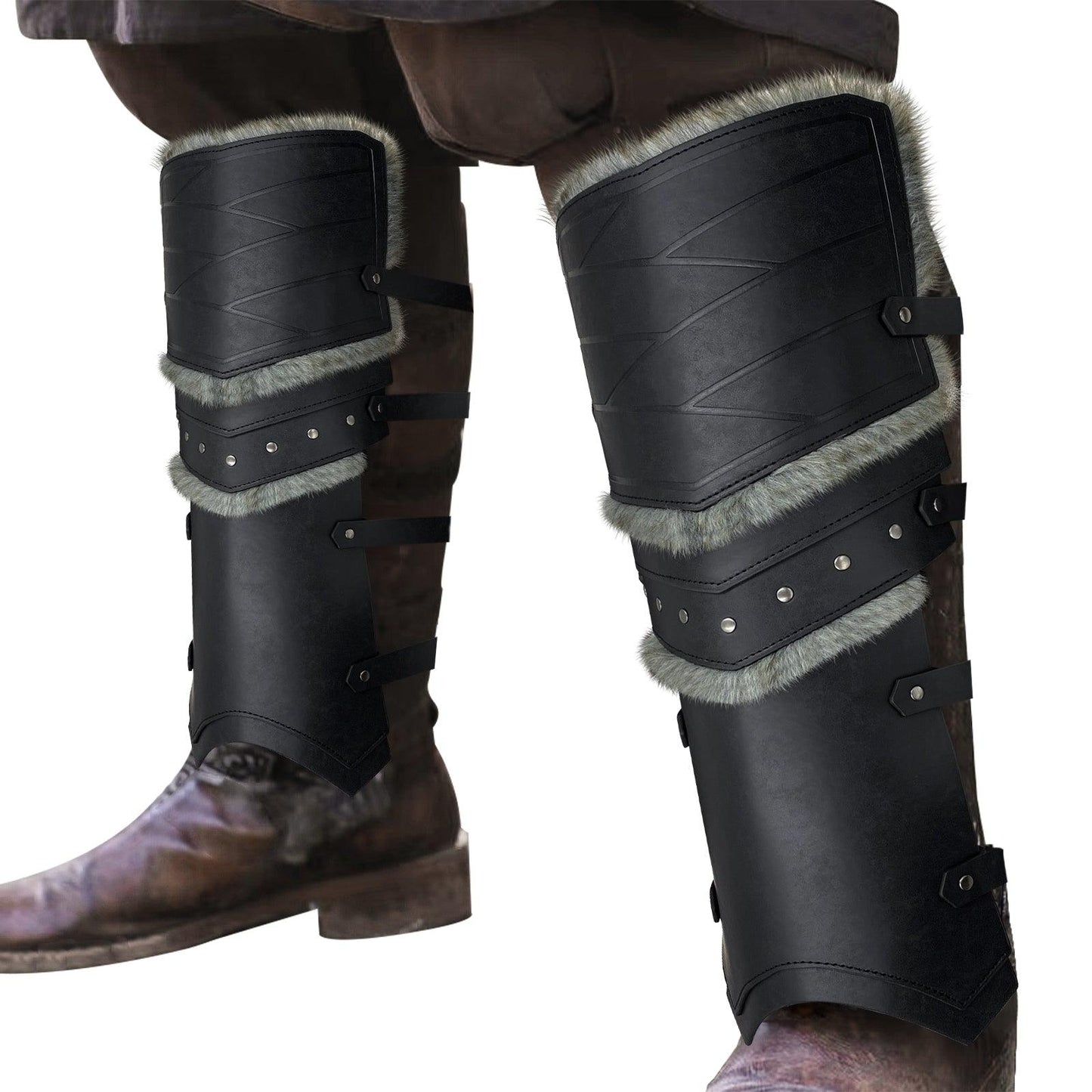 HiiFeuer Medieval Faux Leather Barbarian Leg Gaiters, Vintage Middle Ages Knight Leg Armor, Artificial Fur Shin Guards