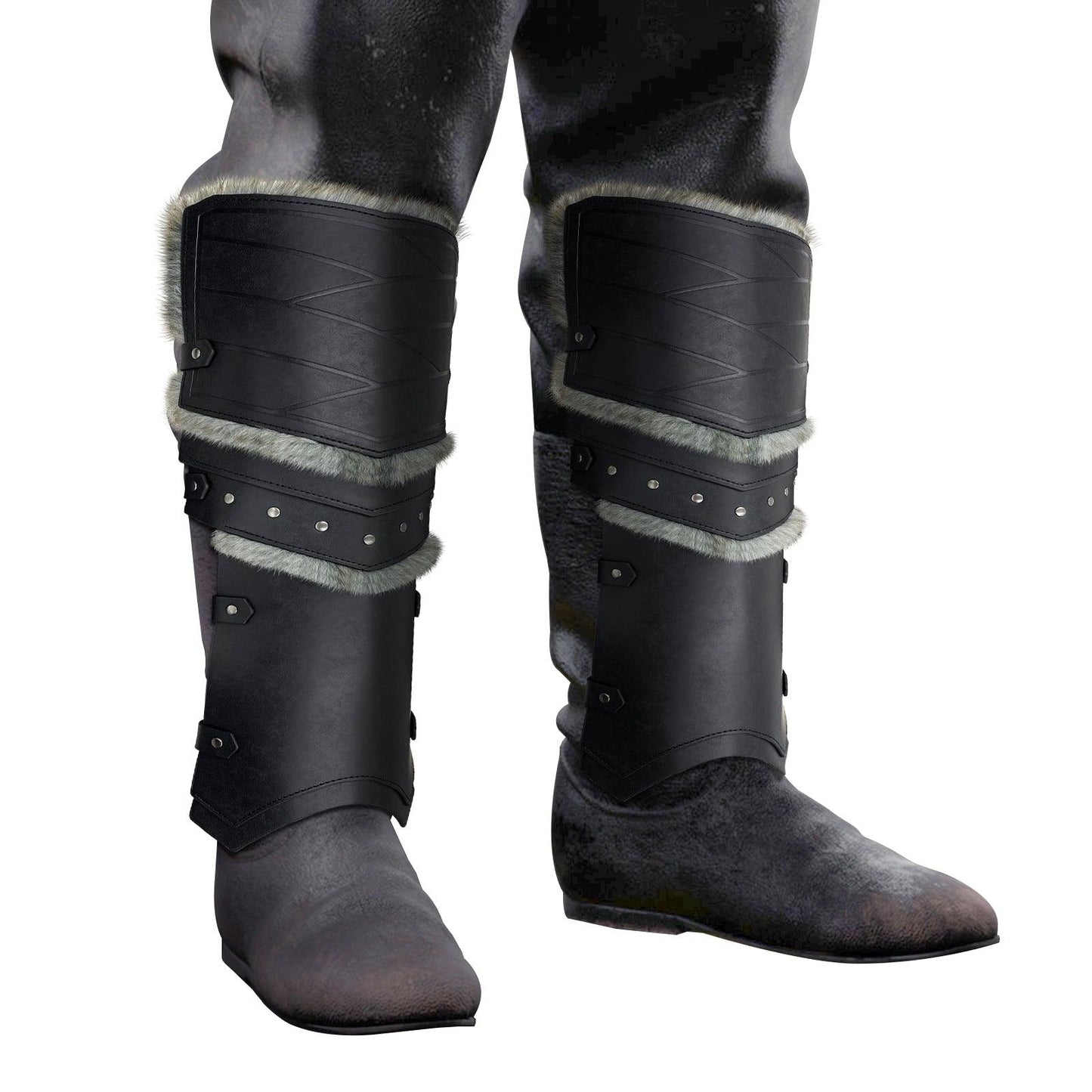 HiiFeuer Medieval Faux Leather Barbarian Leg Gaiters, Vintage Middle Ages Knight Leg Armor, Artificial Fur Shin Guards