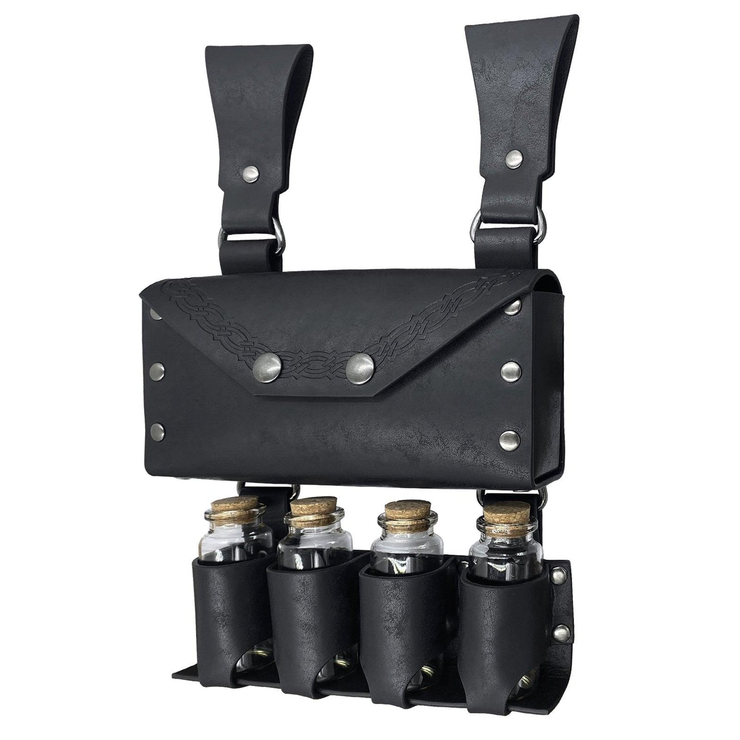 HiiFeuer Medieval Alchemy Faux Leather Belt Bag with 2 Cork Potion Vials, Fantasy Wizard Waist Pouch Side Pack for Ren Faire
