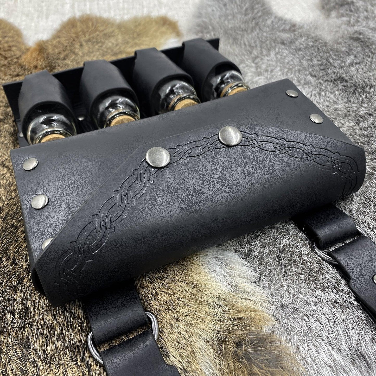 HiiFeuer Medieval Alchemy Faux Leather Belt Bag with 2 Cork Potion Vials, Fantasy Wizard Waist Pouch Side Pack for Ren Faire