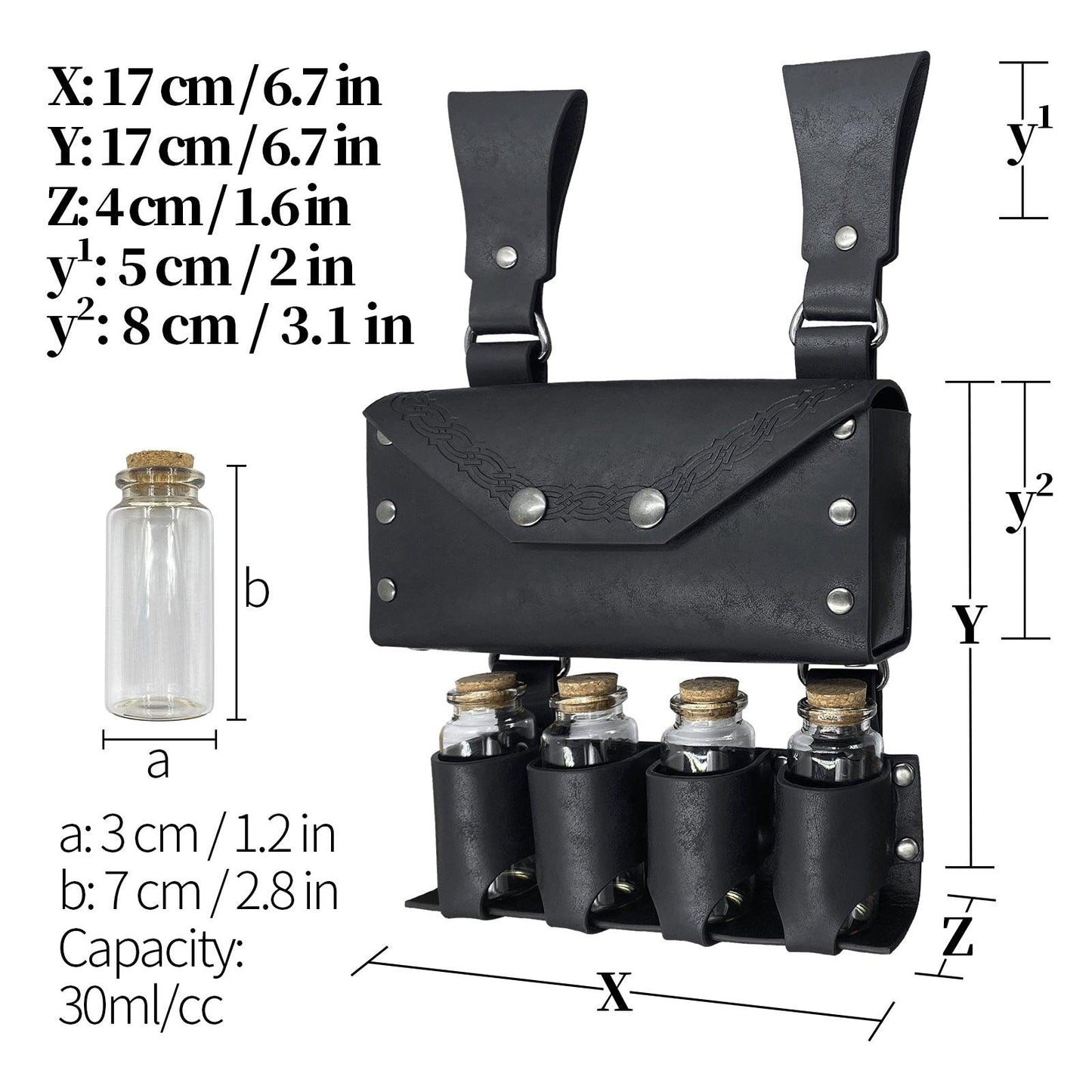 HiiFeuer Medieval Alchemy Faux Leather Belt Bag with 2 Cork Potion Vials, Fantasy Wizard Waist Pouch Side Pack for Ren Faire