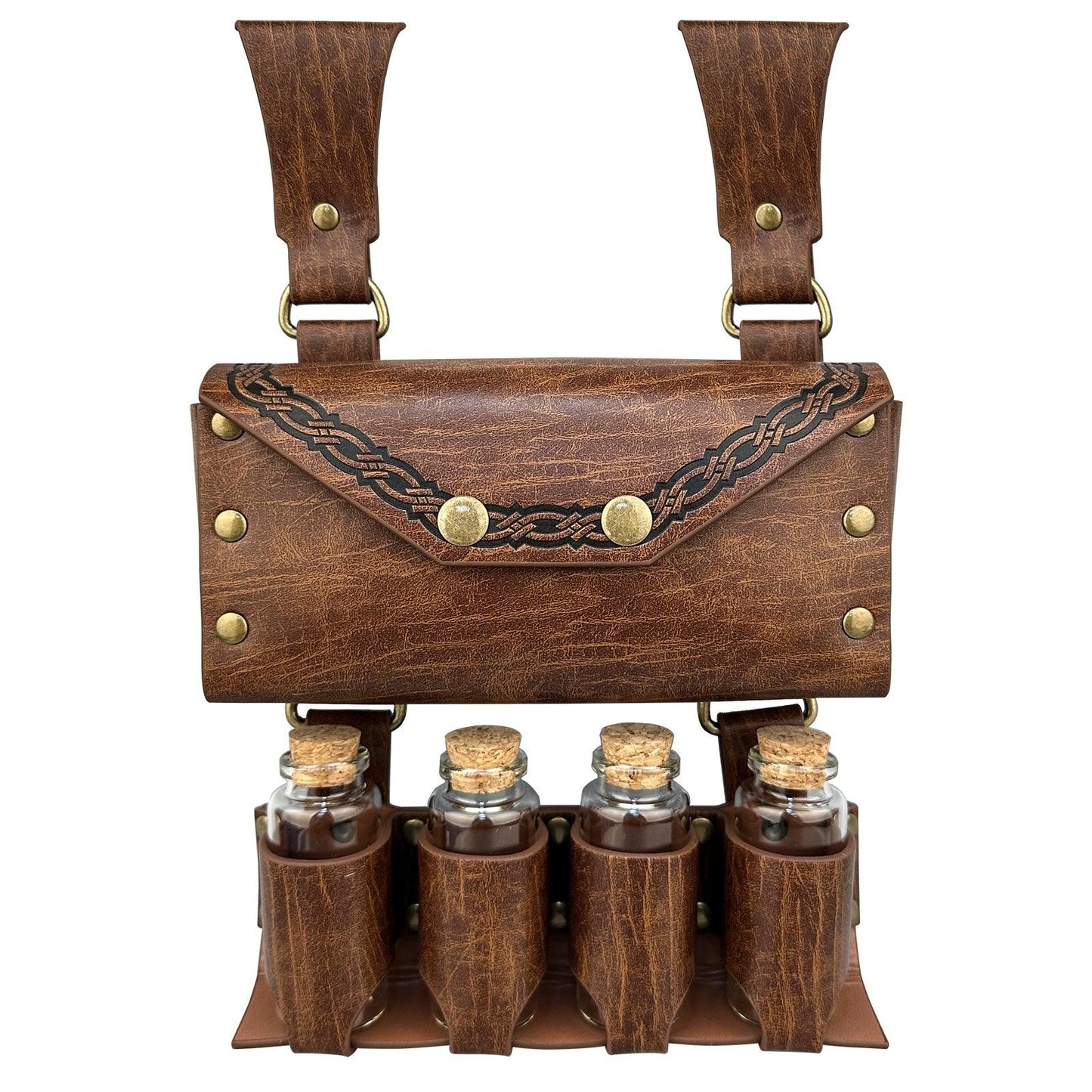 HiiFeuer Medieval Alchemy Faux Leather Belt Bag with 2 Cork Potion Vials, Fantasy Wizard Waist Pouch Side Pack for Ren Faire