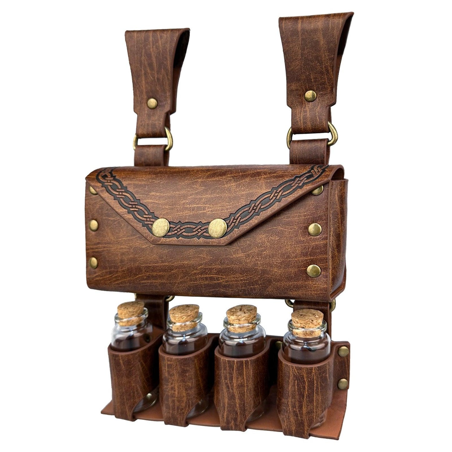 HiiFeuer Medieval Alchemy Faux Leather Belt Bag with 2 Cork Potion Vials, Fantasy Wizard Waist Pouch Side Pack for Ren Faire