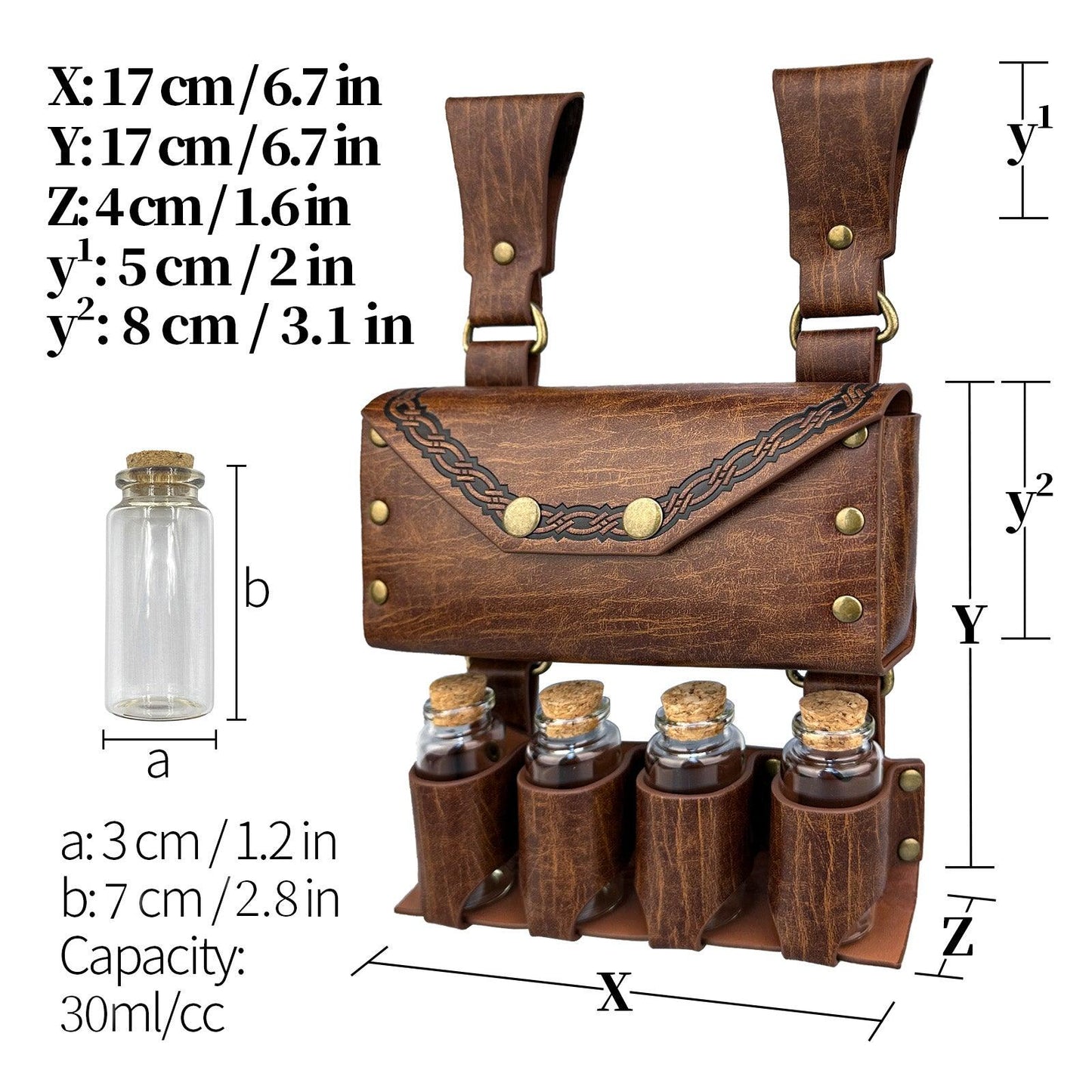 HiiFeuer Medieval Alchemy Faux Leather Belt Bag with 2 Cork Potion Vials, Fantasy Wizard Waist Pouch Side Pack for Ren Faire