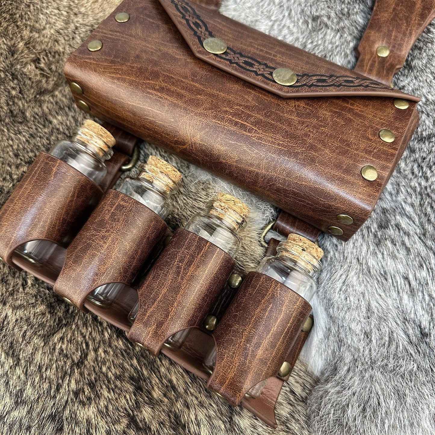 HiiFeuer Medieval Alchemy Faux Leather Belt Bag with 2 Cork Potion Vials, Fantasy Wizard Waist Pouch Side Pack for Ren Faire
