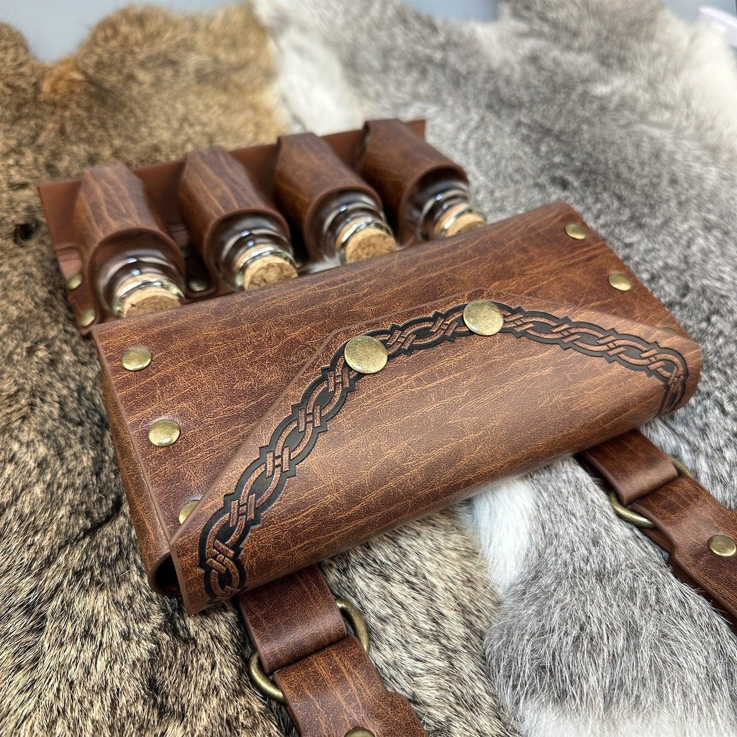 HiiFeuer Medieval Alchemy Faux Leather Belt Bag with 2 Cork Potion Vials, Fantasy Wizard Waist Pouch Side Pack for Ren Faire