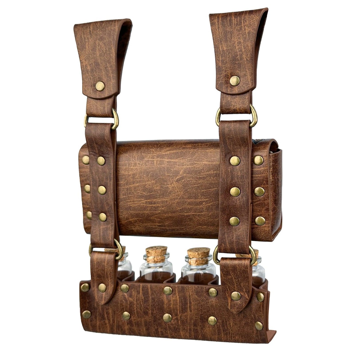 HiiFeuer Medieval Alchemy Faux Leather Belt Bag with 2 Cork Potion Vials, Fantasy Wizard Waist Pouch Side Pack for Ren Faire