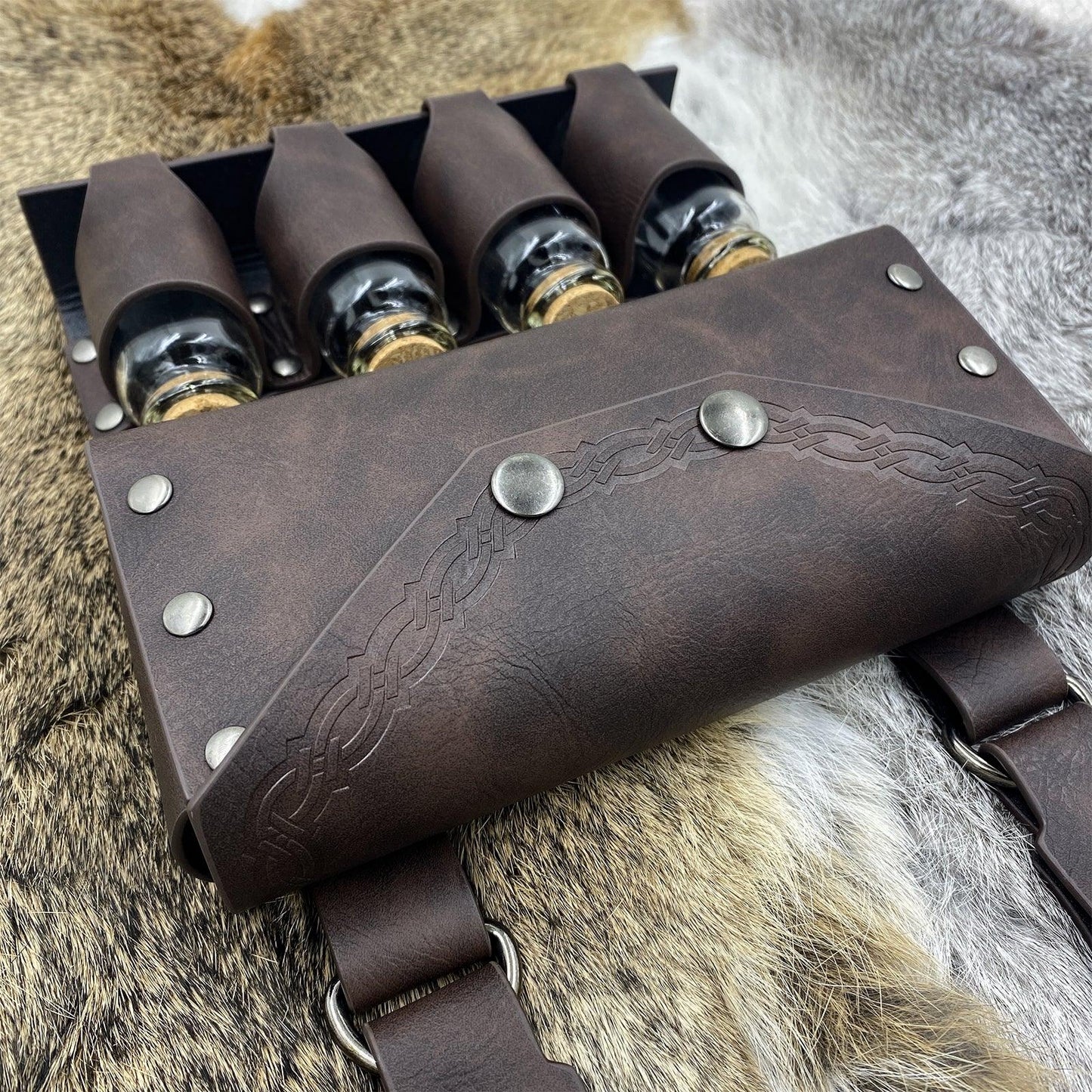 HiiFeuer Medieval Alchemy Faux Leather Belt Bag with 2 Cork Potion Vials, Fantasy Wizard Waist Pouch Side Pack for Ren Faire