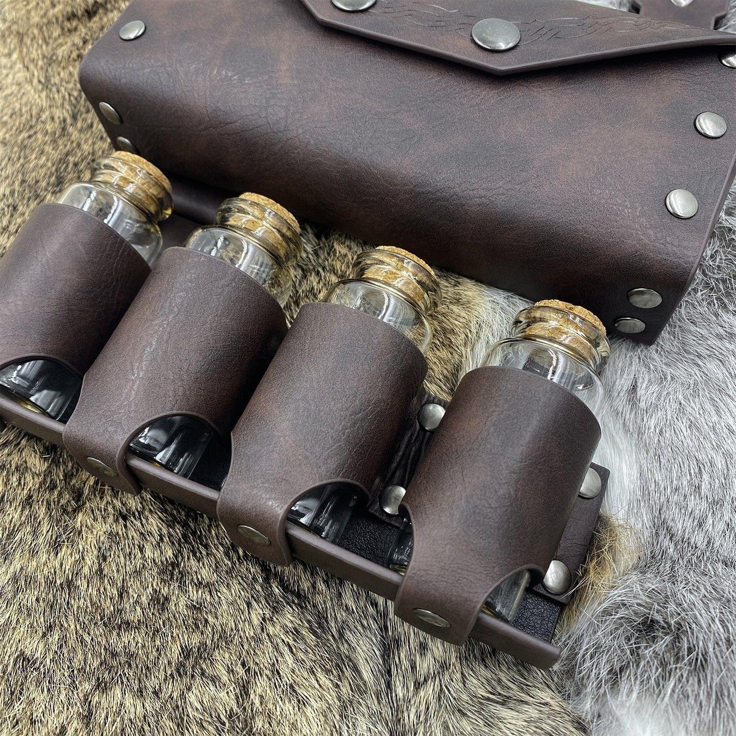HiiFeuer Medieval Alchemy Faux Leather Belt Bag with 2 Cork Potion Vials, Fantasy Wizard Waist Pouch Side Pack for Ren Faire