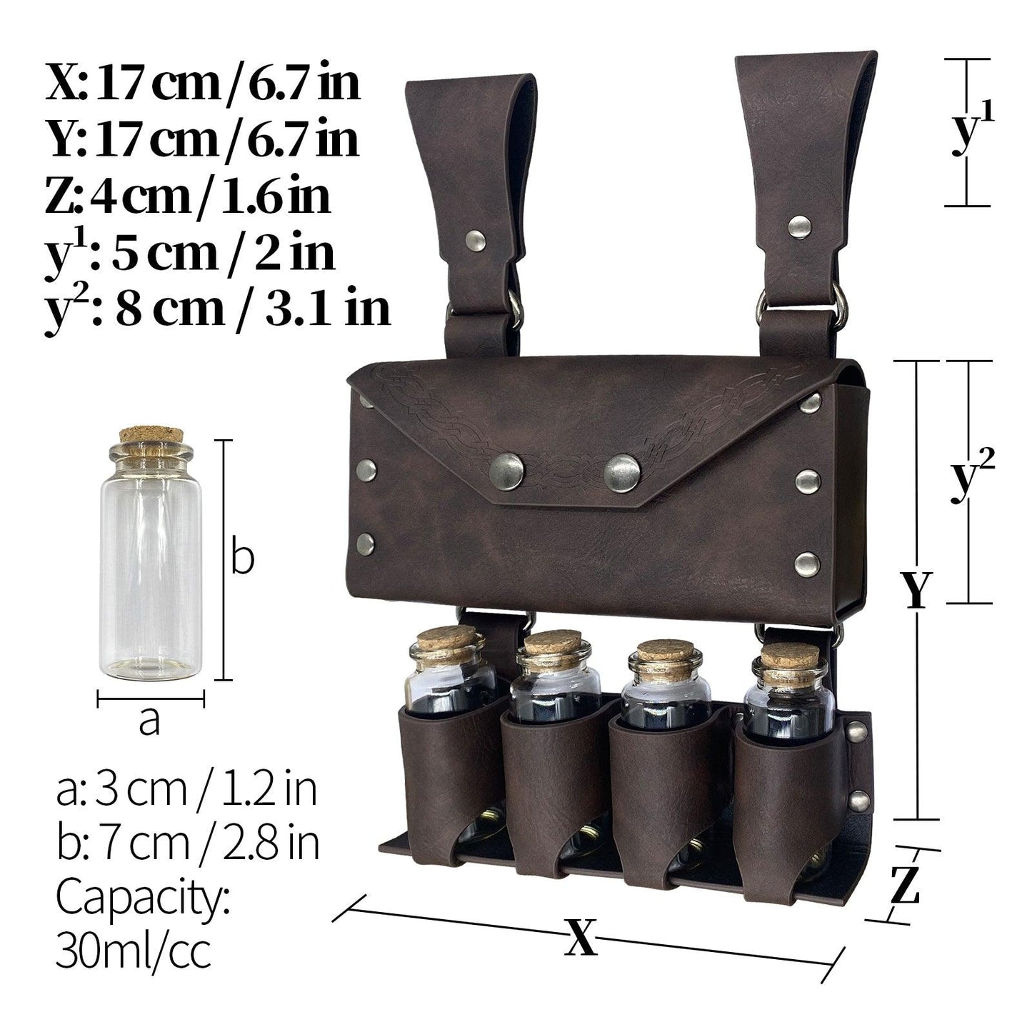 HiiFeuer Medieval Alchemy Faux Leather Belt Bag with 2 Cork Potion Vials, Fantasy Wizard Waist Pouch Side Pack for Ren Faire