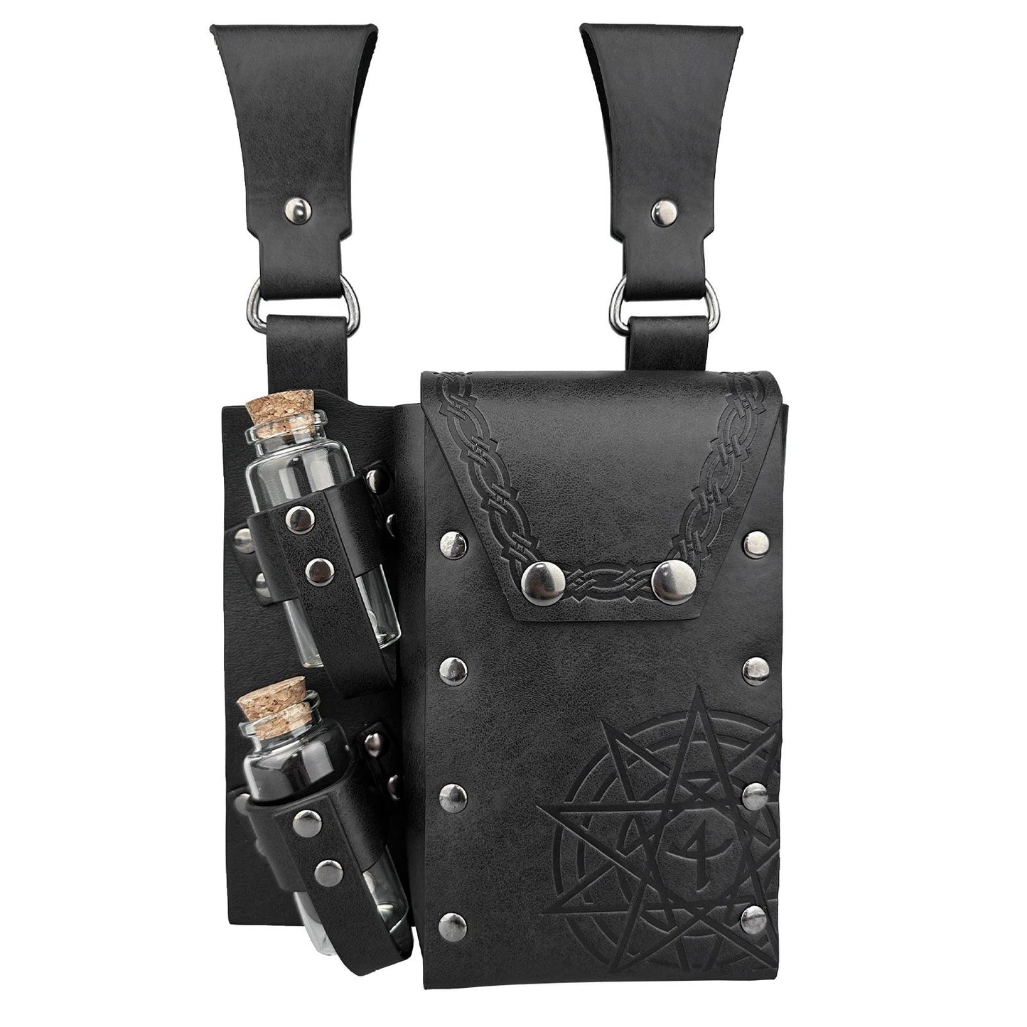 HiiFeuer Medieval Alchemy Faux Leather Belt Bag with 2 Cork Potion Vials, Fantasy Wizard Waist Pouch Side Pack for Ren Faire