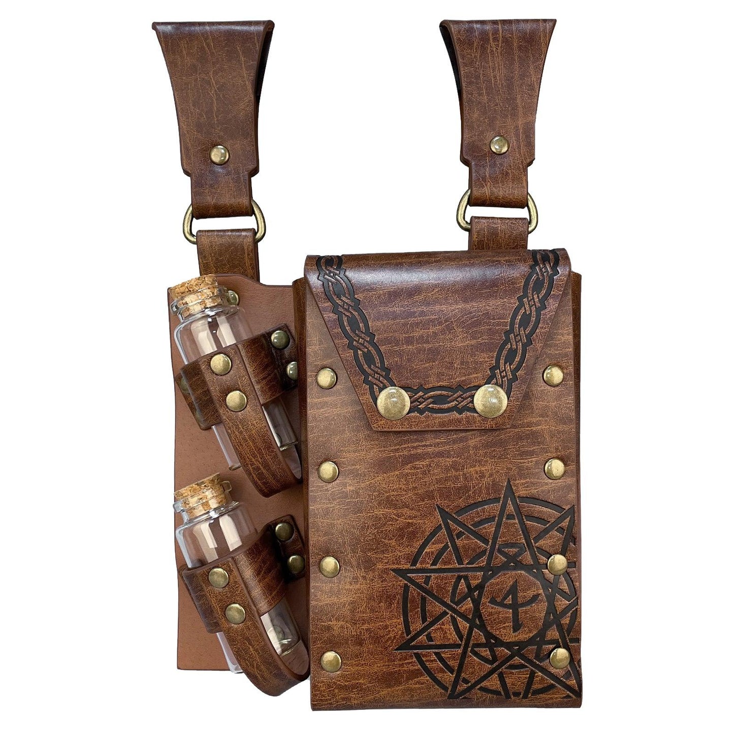 HiiFeuer Medieval Alchemy Faux Leather Belt Bag with 2 Cork Potion Vials, Fantasy Wizard Waist Pouch Side Pack for Ren Faire