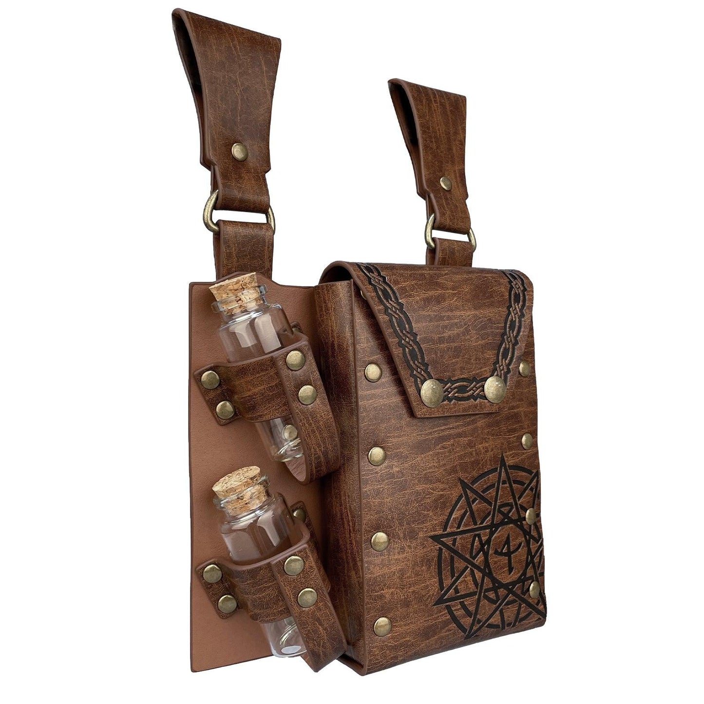 HiiFeuer Medieval Alchemy Faux Leather Belt Bag with 2 Cork Potion Vials, Fantasy Wizard Waist Pouch Side Pack for Ren Faire