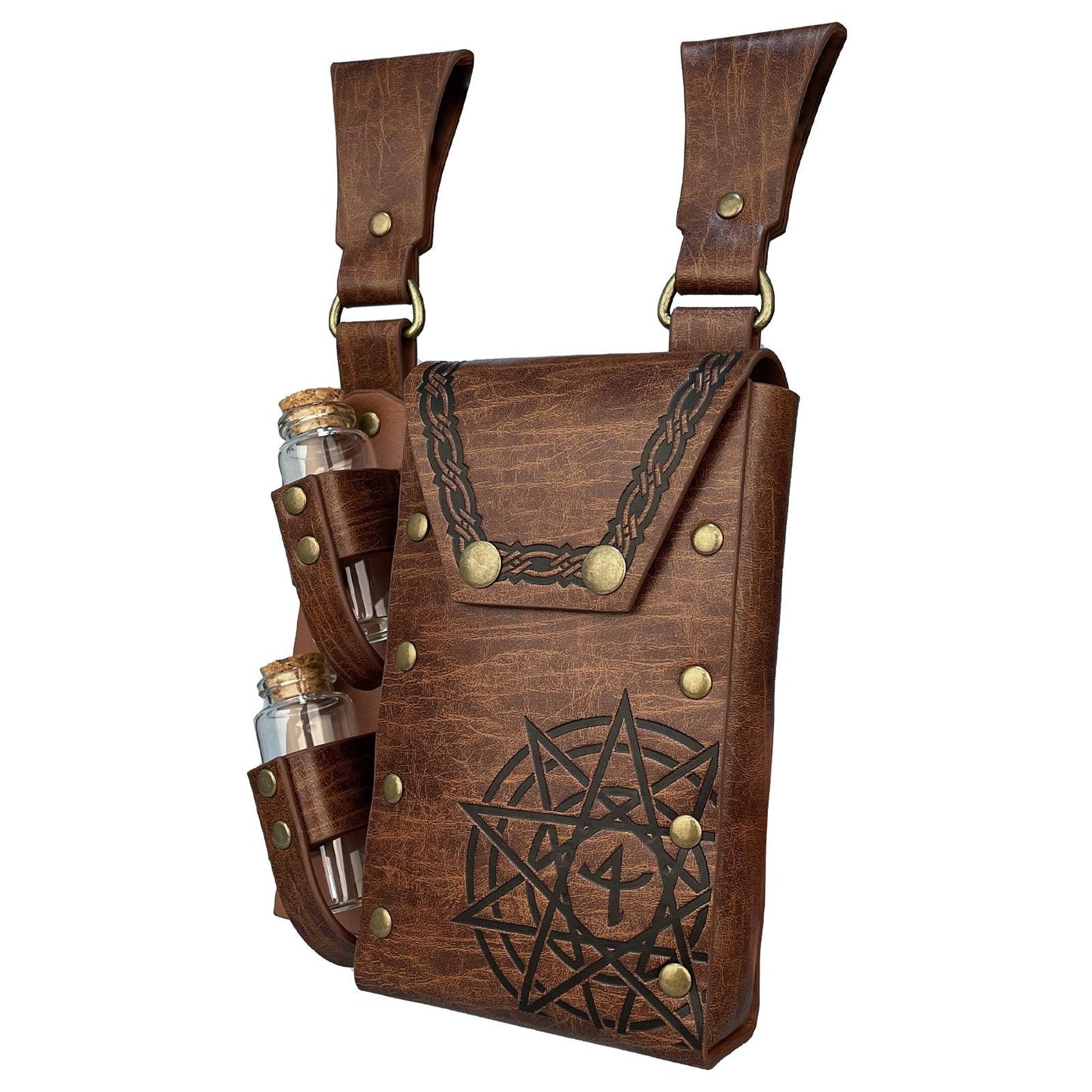 HiiFeuer Medieval Alchemy Faux Leather Belt Bag with 2 Cork Potion Vials, Fantasy Wizard Waist Pouch Side Pack for Ren Faire