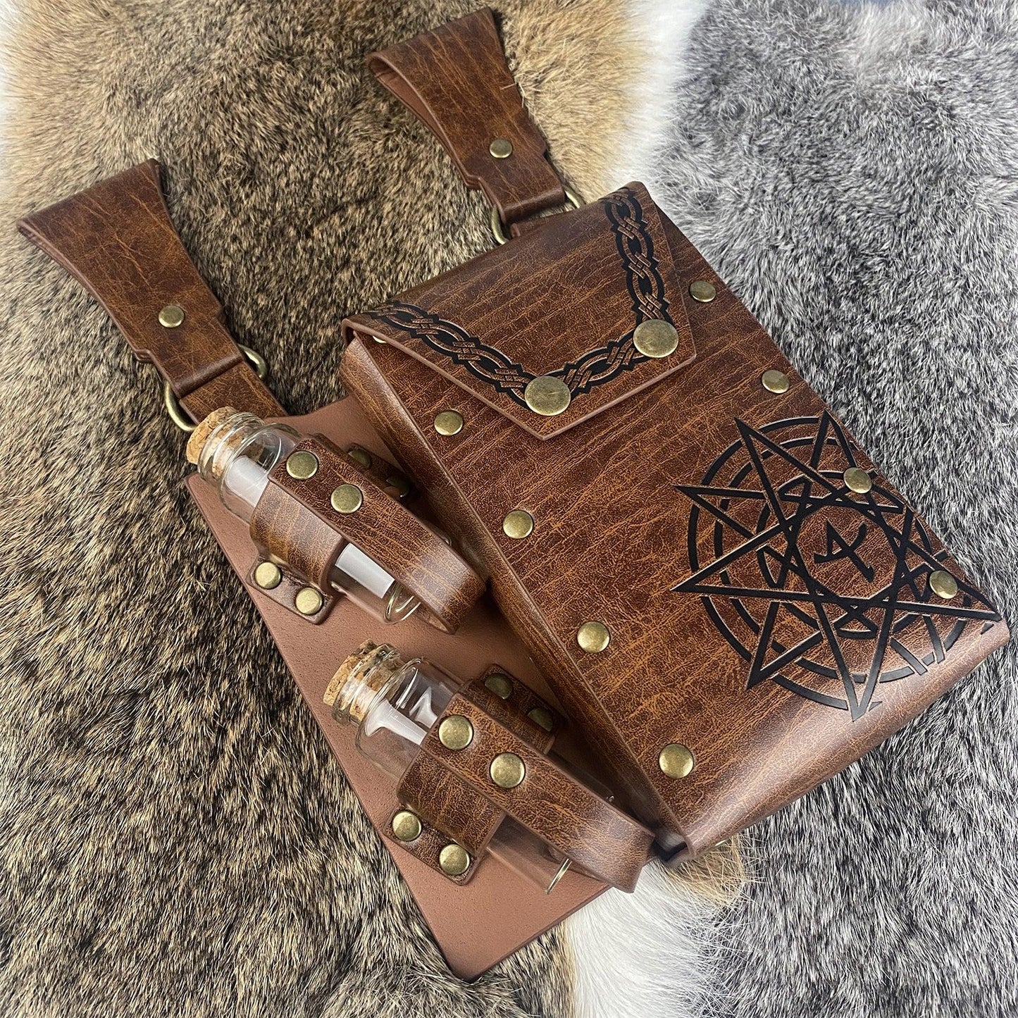 HiiFeuer Medieval Alchemy Faux Leather Belt Bag with 2 Cork Potion Vials, Fantasy Wizard Waist Pouch Side Pack for Ren Faire