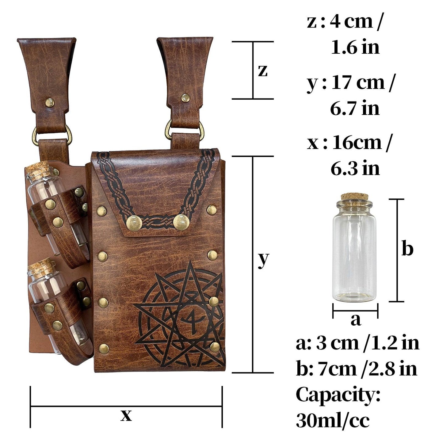 HiiFeuer Medieval Alchemy Faux Leather Belt Bag with 2 Cork Potion Vials, Fantasy Wizard Waist Pouch Side Pack for Ren Faire