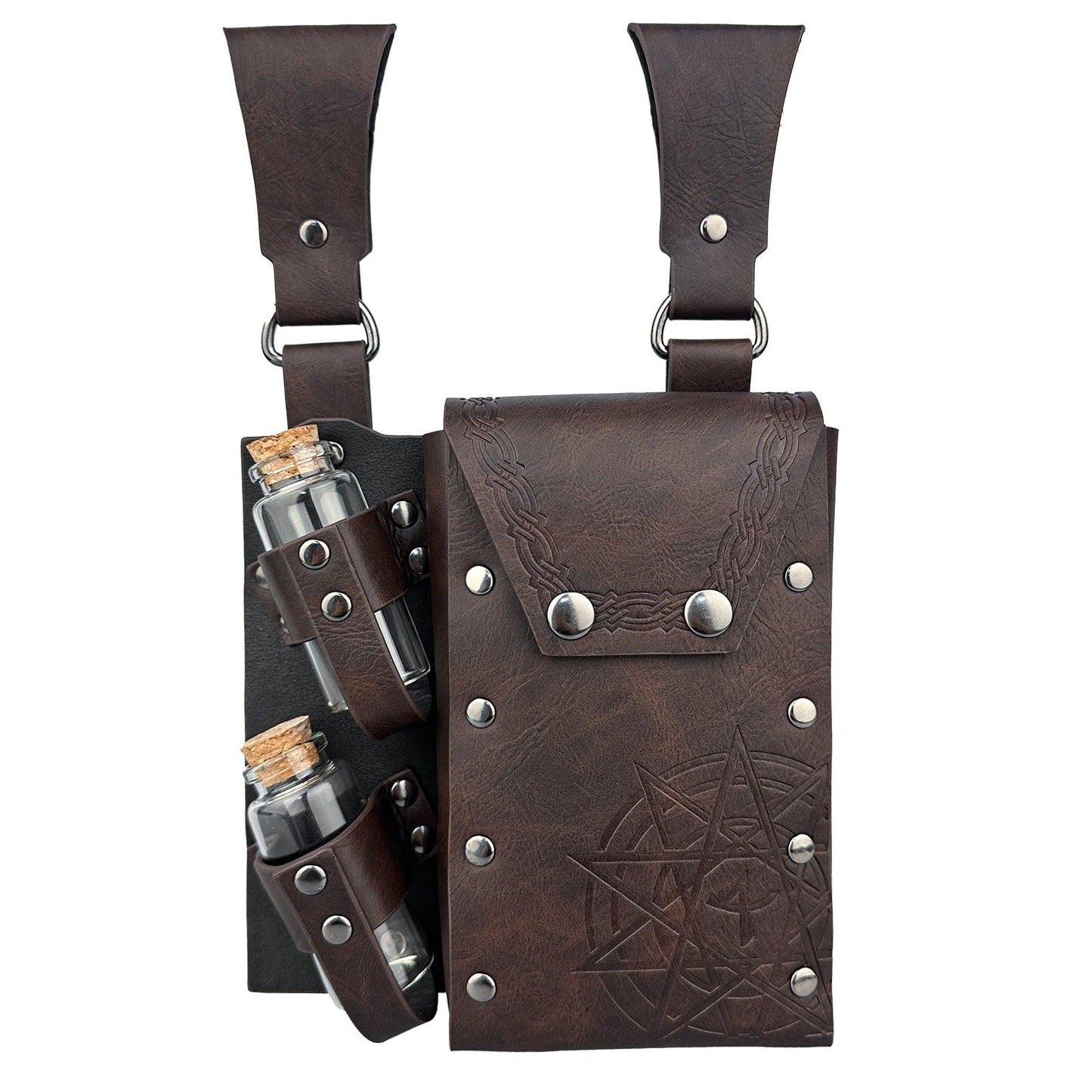 HiiFeuer Medieval Alchemy Faux Leather Belt Bag with 2 Cork Potion Vials, Fantasy Wizard Waist Pouch Side Pack for Ren Faire