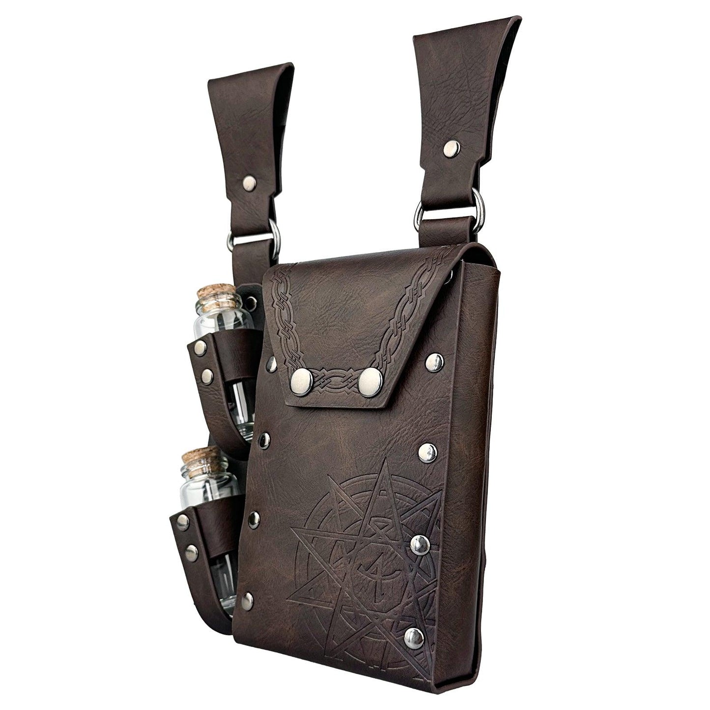 HiiFeuer Medieval Alchemy Faux Leather Belt Bag with 2 Cork Potion Vials, Fantasy Wizard Waist Pouch Side Pack for Ren Faire