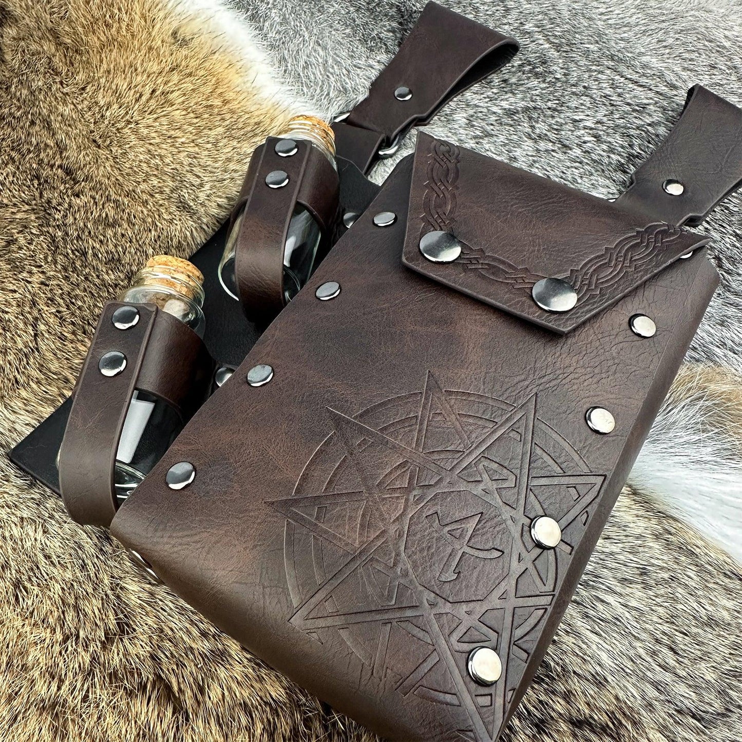 HiiFeuer Medieval Alchemy Faux Leather Belt Bag with 2 Cork Potion Vials, Fantasy Wizard Waist Pouch Side Pack for Ren Faire