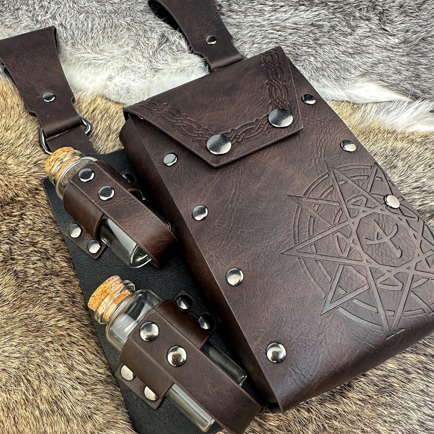 HiiFeuer Medieval Alchemy Faux Leather Belt Bag with 2 Cork Potion Vials, Fantasy Wizard Waist Pouch Side Pack for Ren Faire