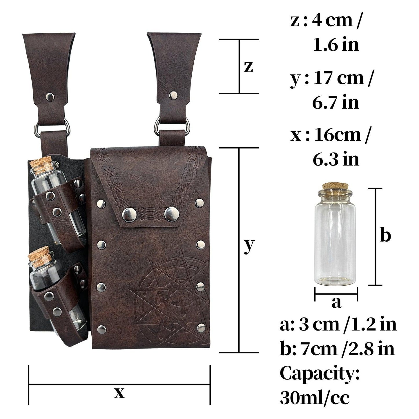 HiiFeuer Medieval Alchemy Faux Leather Belt Bag with 2 Cork Potion Vials, Fantasy Wizard Waist Pouch Side Pack for Ren Faire