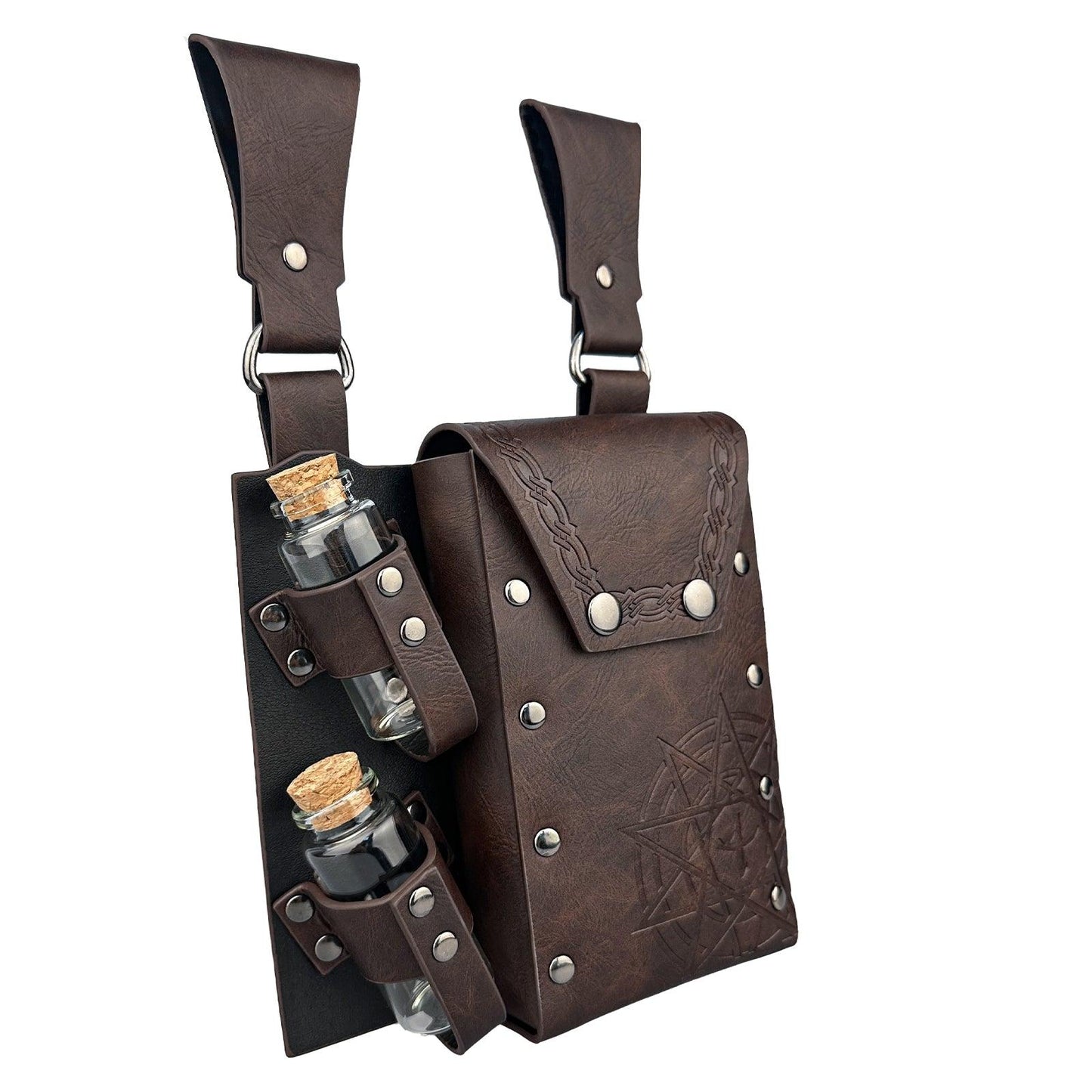 HiiFeuer Medieval Alchemy Faux Leather Belt Bag with 2 Cork Potion Vials, Fantasy Wizard Waist Pouch Side Pack for Ren Faire