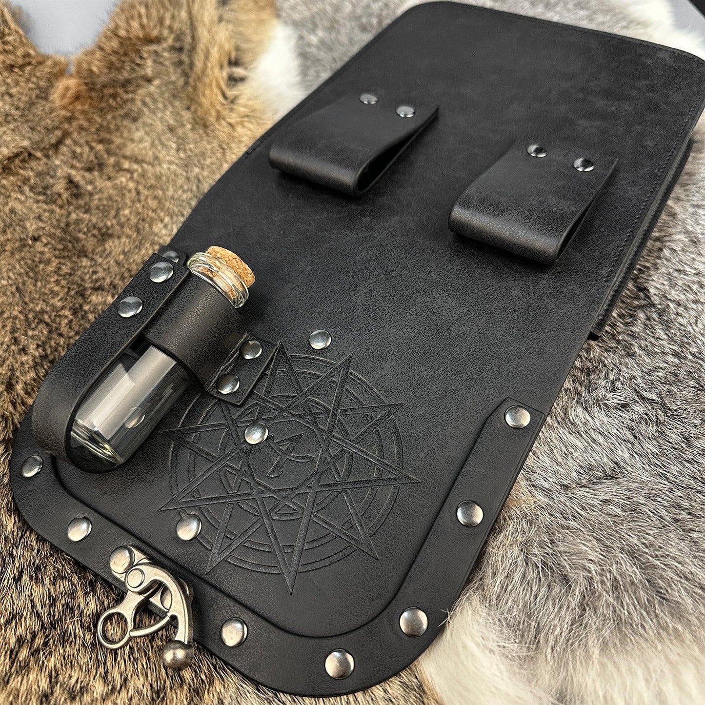 HiiFeuer Medieval Alchemy Faux Leather Belt Bag with 2 Cork Potion Vials, Fantasy Wizard Waist Pouch Side Pack for Ren Faire