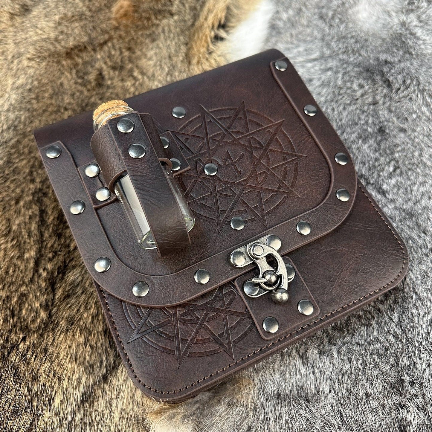 HiiFeuer Medieval Alchemy Faux Leather Belt Bag with 2 Cork Potion Vials, Fantasy Wizard Waist Pouch Side Pack for Ren Faire