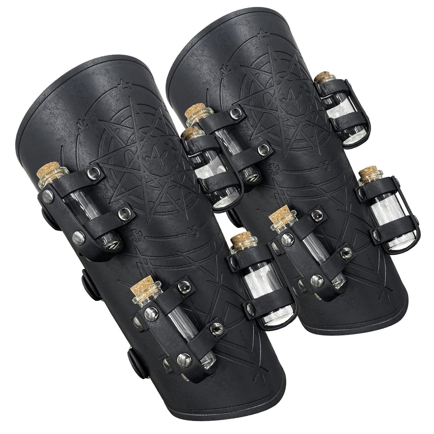 HiiFeuer Medieval Embossed Alchemy Bracers with 8 Cork Vials, Fantasy Faux Leather Buckle Arm Guards Magic Archer Gauntlets