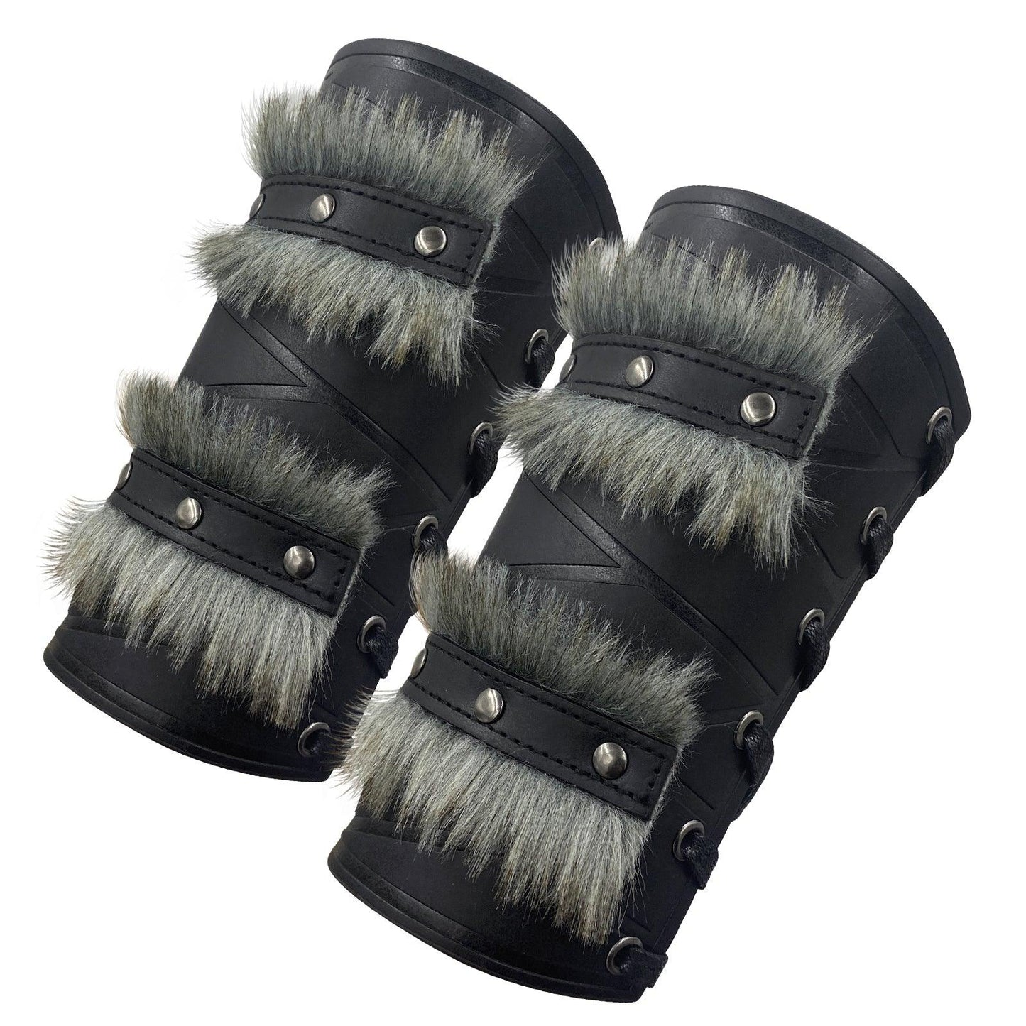 HiiFeuer Nordic Viking Barbarian Arm Guards, Medieval Artificial Fur Gauntlets, Vintage Faux Leather Bracers for LARP