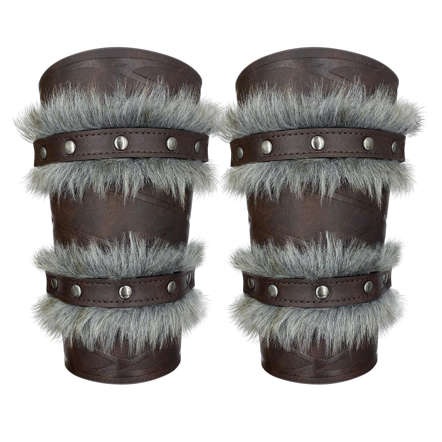 HiiFeuer Nordic Viking Barbarian Arm Guards, Medieval Artificial Fur Gauntlets, Vintage Faux Leather Bracers for LARP