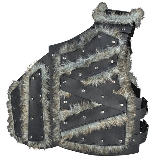 HiiFeuer Viking Artificial Fur Faux Leather Chest Armor, Medieval Vintage Barbarian Body Armor Knight Adjustable Vest Armor