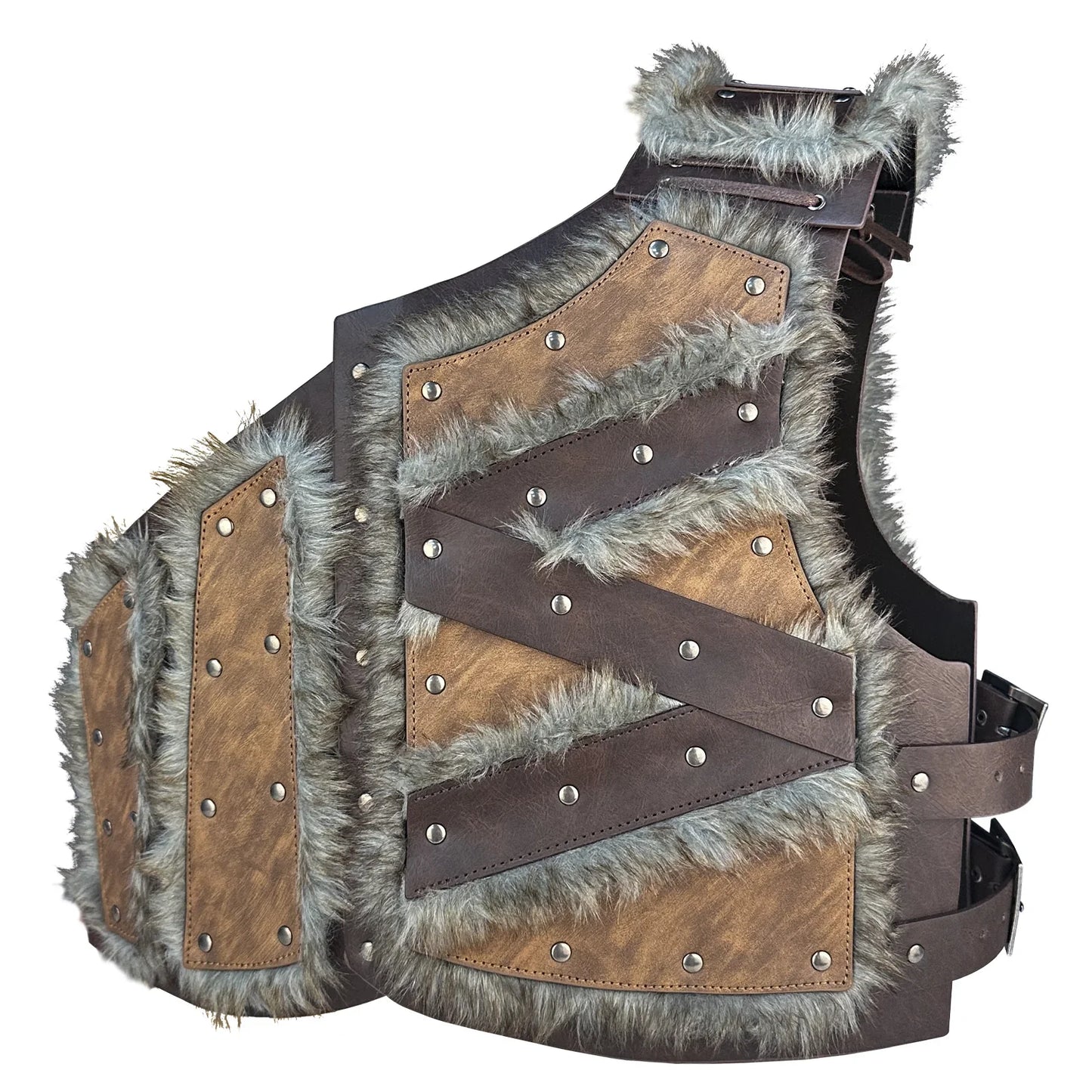 HiiFeuer Viking Artificial Fur Faux Leather Chest Armor, Medieval Vintage Barbarian Body Armor Knight Adjustable Vest Armor