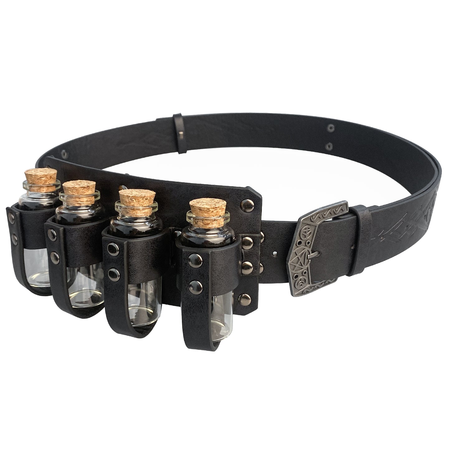 HiiFeuer Medieval Embossed Alchemy Faux Leather Buckle Belt with 4 Cork Vials, Fantasy Wizard Potion Bottles Belt