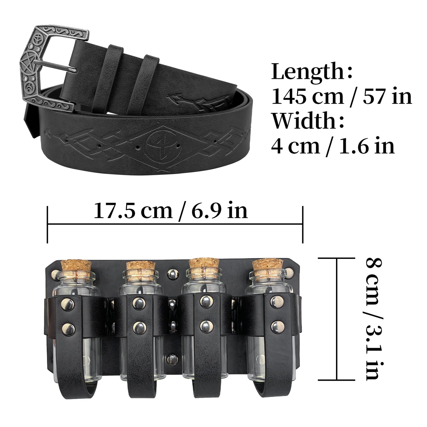 HiiFeuer Medieval Embossed Alchemy Faux Leather Buckle Belt with 4 Cork Vials, Fantasy Wizard Potion Bottles Belt