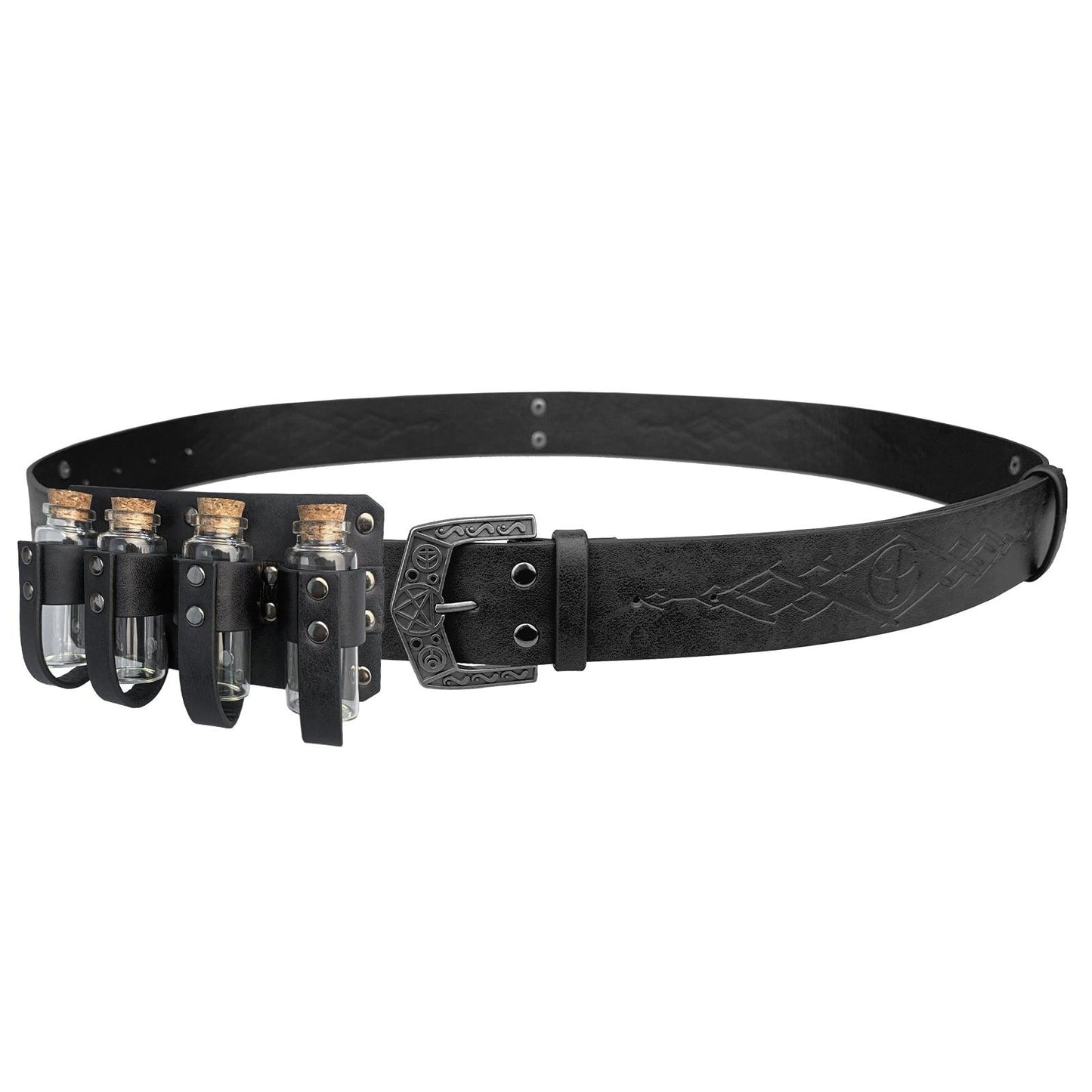 HiiFeuer Medieval Embossed Alchemy Faux Leather Buckle Belt with 4 Cork Vials, Fantasy Wizard Potion Bottles Belt