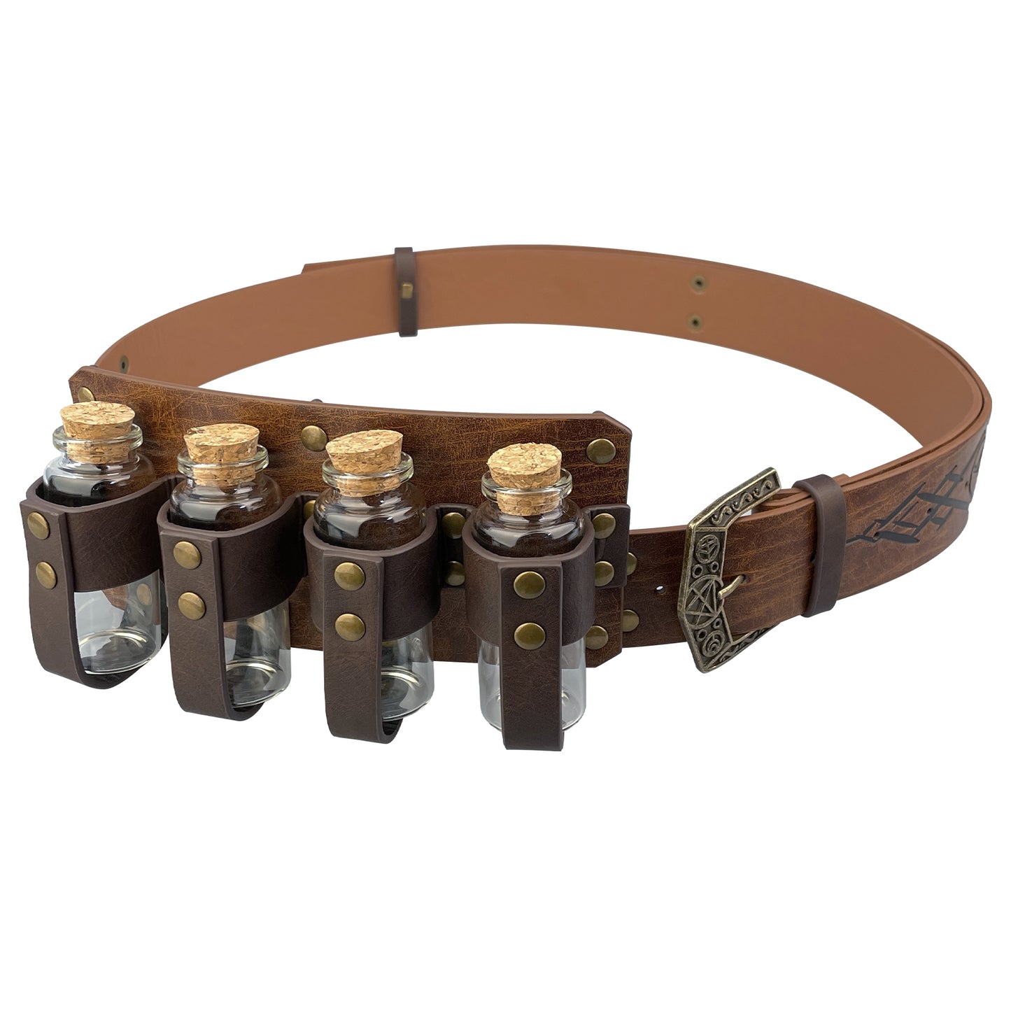 HiiFeuer Medieval Embossed Alchemy Faux Leather Buckle Belt with 4 Cork Vials, Fantasy Wizard Potion Bottles Belt
