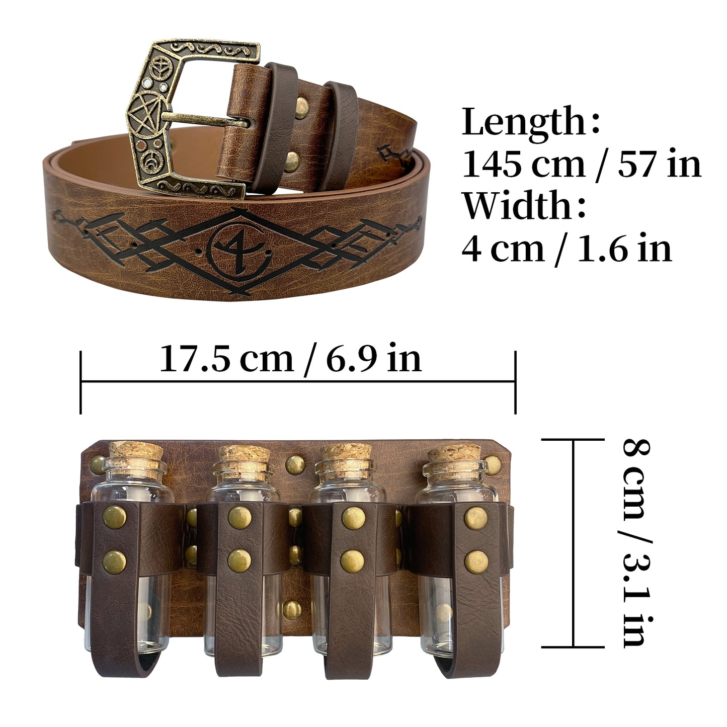 HiiFeuer Medieval Embossed Alchemy Faux Leather Buckle Belt with 4 Cork Vials, Fantasy Wizard Potion Bottles Belt