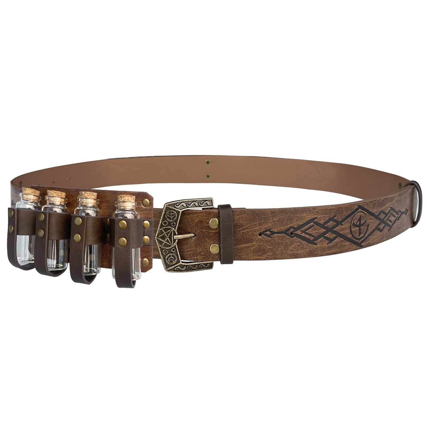 HiiFeuer Medieval Embossed Alchemy Faux Leather Buckle Belt with 4 Cork Vials, Fantasy Wizard Potion Bottles Belt