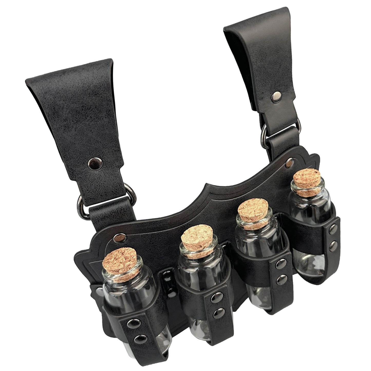 HiiFeuer Medieval Embossed Alchemy Faux Leather Buckle Belt with 4 Cork Vials, Fantasy Wizard Potion Bottles Belt