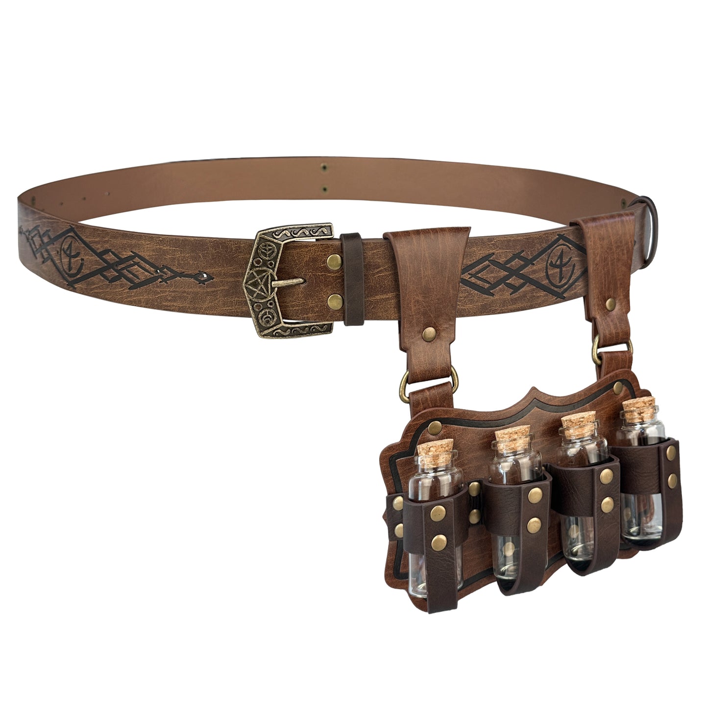 HiiFeuer Medieval Embossed Alchemy Faux Leather Buckle Belt with 4 Cork Vials, Fantasy Wizard Potion Bottles Belt