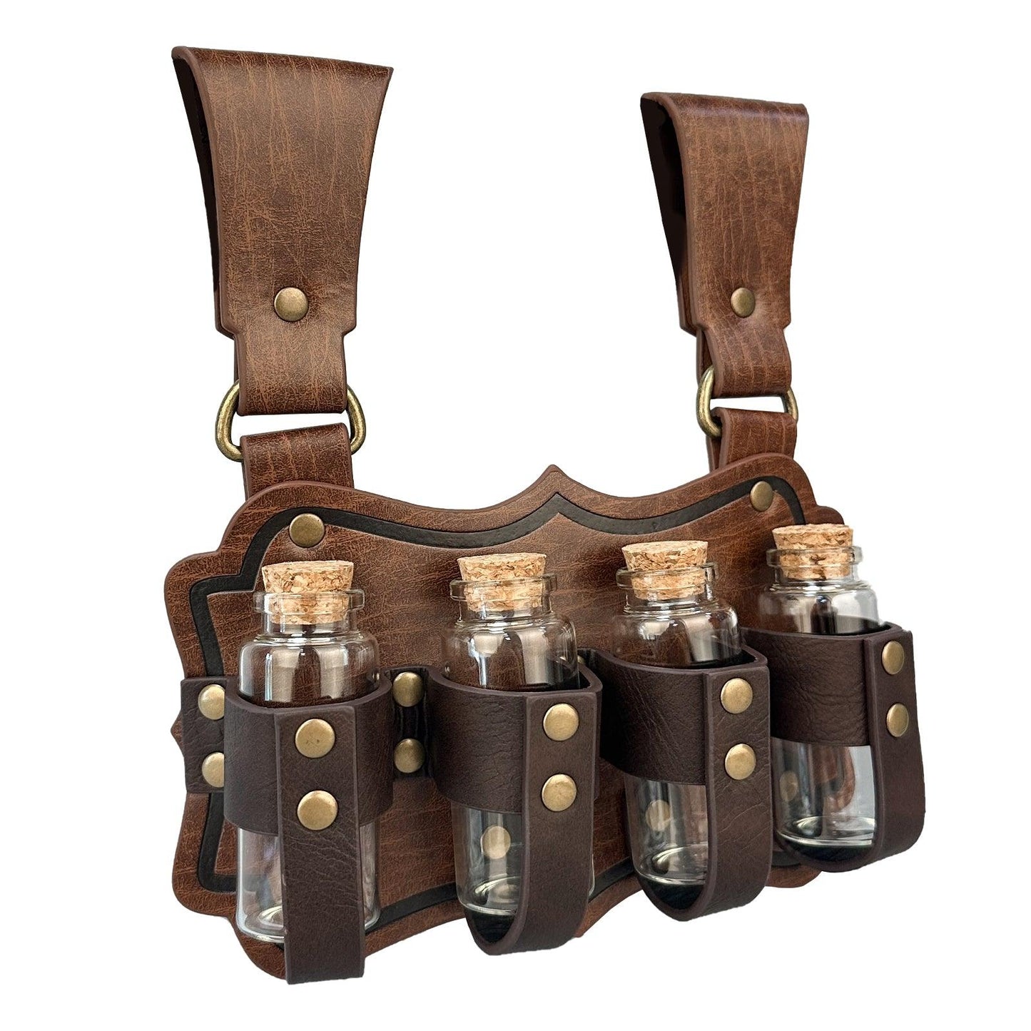HiiFeuer Medieval Embossed Alchemy Faux Leather Buckle Belt with 4 Cork Vials, Fantasy Wizard Potion Bottles Belt